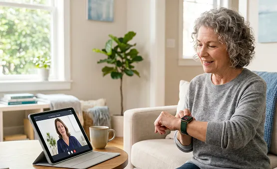 Patient on a video call with a therapist on a tablet