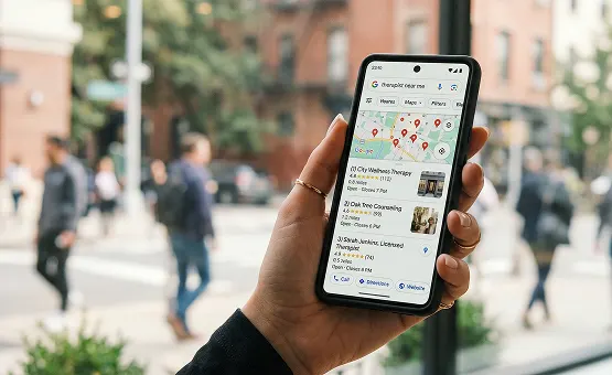 Person holding a phone showing Google Maps with therapist listings