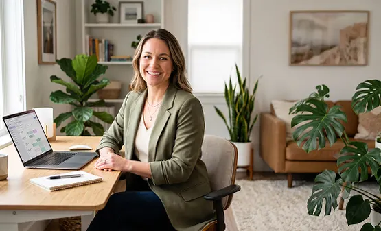 Therapist sitting at desk with analytics dashboard showing new patients and reviews
